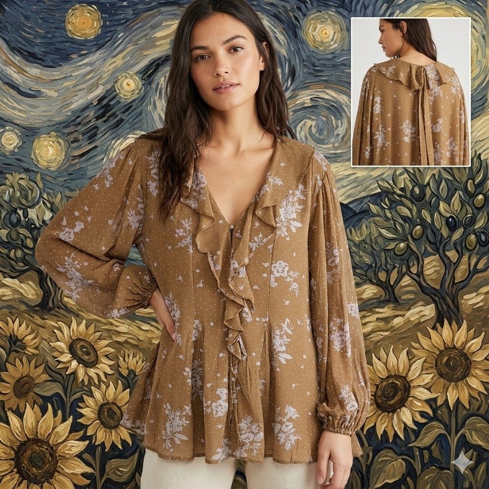 Free People Brown Floral Ruffle Long Sleeve Tunic Blouse OB2113177 Womens Medium